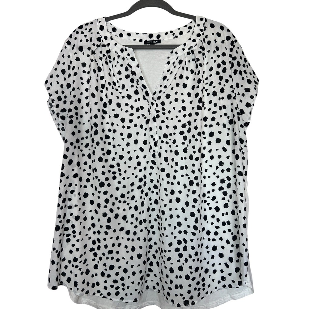 Papermoon Stitch Fix Size 3X White Black Dot Short Sleeve V Neck Chiffon Top